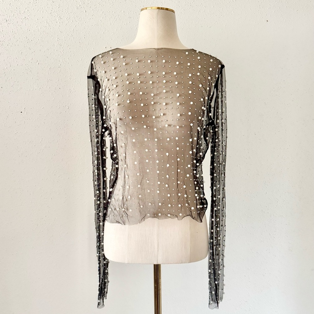 WHITE BIRCH Pearl Beaded Long Sleeve Mesh Top Sheer Black Women's Size Large L - Picture 2 of 7